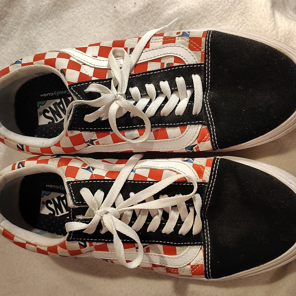 Vans Red, White And Blue Checkerboard Sneakers with Black Accents